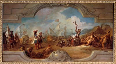 Christopher Columbus i Amerika (maleprosjekt i taket). 1492. Maleri av Jean Francois De Troy (1679-1752) av Jean François de Troy