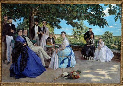 Familiemøte: portrett av en fransk borgerlig familie samlet i en hage. Fra venstre til høyre: Jean Frederic Bazille, hans onkel Monsieur des Hours, hans mor og far, hans kusine Pauline og hennes ektemann Monsieur Teulon, hans tante Madame des Hours og av Jean Frederic Bazille
