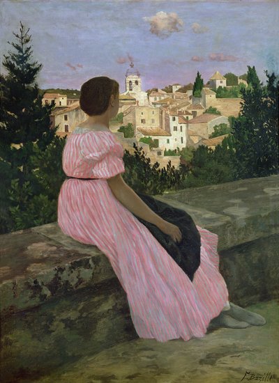 Den rosa kjolen, eller utsikt over Castelnau-le-Lez, Herault, 1864 av Jean Frederic Bazille