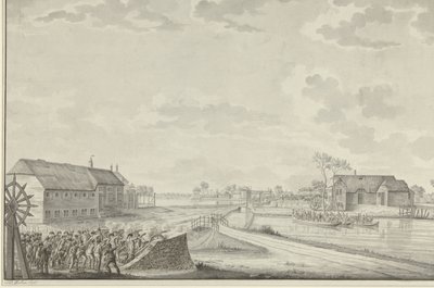 Angrep av prøysserne under oberst Van Brush på Duivendrecht-broen, 1. oktober 1787 av Jean George Teissier (signed by artist)