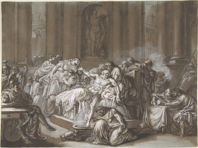 The Death of Seneca (penn og svart blekk, pensel og brun vask, forsterket med hvit gouache på blått papir) av Jean Guillaume Moitte