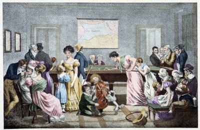 Et biljardrom på 1800-tallet: basert på en litografi av Marlet. av Jean Henri (after) Marlet