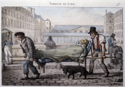 Tidligere gatemetier i Paris: den stakkars pasienten fører til sykehuset ved bårene. Gravering av Jean Henry Marlet (1771-1847) i "" Les Tableaux de Paris"", serie med 72 trykk, sent på 1800-tallet. av Jean Henri Marlet