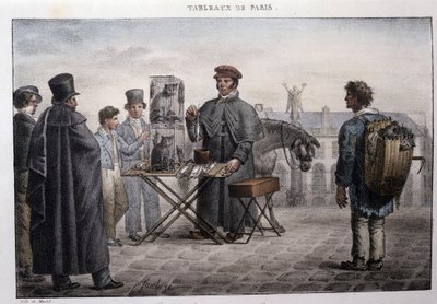 Tidligere gatemetier i Paris: rottedødshandleren (camelot). Gravering av Jean Henri Market (1771-1847) i "" Les Tableaux de Paris"", serie med 72 trykk, sent på 1800-tallet. av Jean Henri Marlet