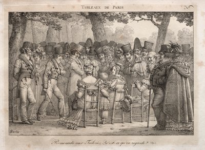 Scenes of Paris: Promenade in the Tuileries. Hva ser de på? av Jean Henri Marlet