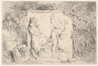 Et basrelieff som viser en satyr til venstre som holder to spedbarn, en annen barnesatyr til høyre..., 1763. av Jean Honore Fragonard
