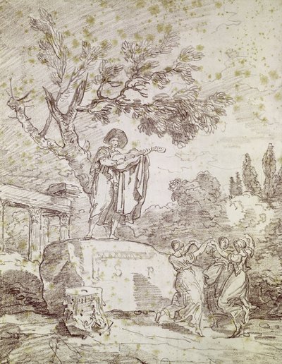 En italiensk gitarist som spiller for tre dansende jenter (rødt kritt på papir) av Jean Honore Fragonard