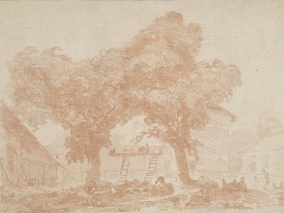 Gårdstun med to trær, med stiger mellom av Jean Honore Fragonard