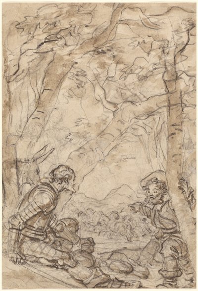 Don Quixote og Sancho Panza er vitne til angrepet på Rocinante av Jean Honore Fragonard