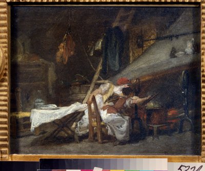 ""Pres du poele"" (Ved komfyren) Scene på et kjøkken, nær komfyren, ser kokker på tilberedningen av en rett i en gryte. Maleri av Jean Honore Fragonard (1732-1806). Olje på lerret. Rokokko. Pushkin-museet, Moskva av Jean Honore Fragonard