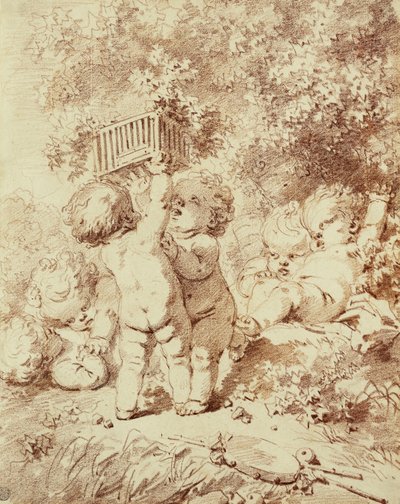 Seks putti på spill, to holder opp et bur, av Jean Honore Fragonard