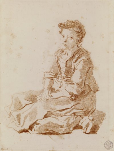 Liten jente sitter på bakken (rødt kritt på papir) av Jean Honore Fragonard