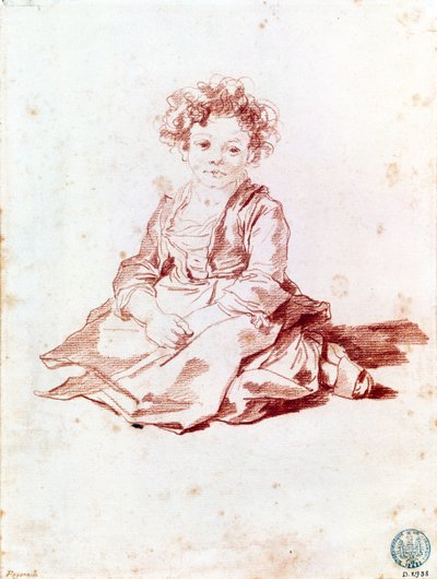 Liten jente sitter på bakken (rødt kritt på papir) av Jean Honore Fragonard