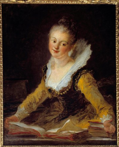 Studere. En kvinne har kontoret sitt og blar i bøker for å lære. Maleri av Jean Honore Fragonard (1732-1806) av Jean Honore Fragonard