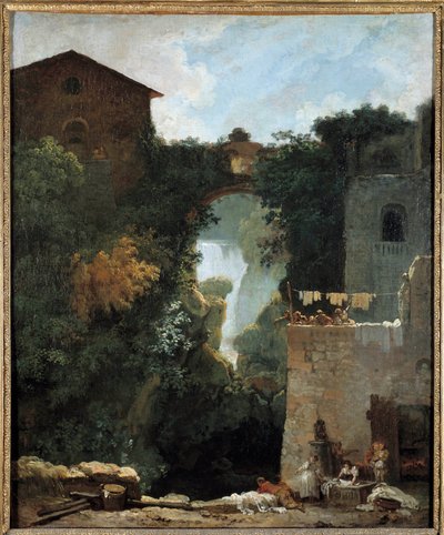 Die Wasserfälle von Tivoli - Waschfrauen in einer Landschaft mit Wasserfällen von Jean Honore Fragonard