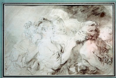 Unge jenter som bryter med en satyr Unge kvinner har det gøy med et satyrskjegg. Tegning i Bistre Wash av Jean Honore Fragonard (1732-1806) Privatsamling fra 1700-tallet av Jean Honore Fragonard
