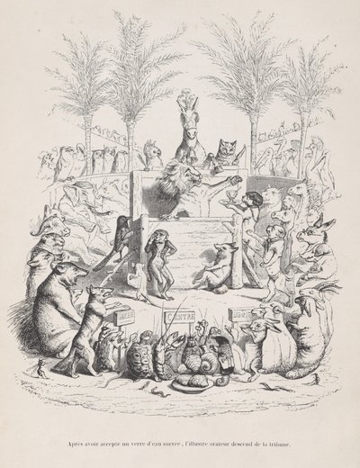 Etter å ha tatt imot et glass søtt vann, stiger den berømte taleren ned fra plen..., ca. 1837-47. av Jean Ignace Isidore Gérard