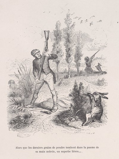 Mens de siste pulverkornene faller inn i håndflaten på den svarte hånden hans, en fantastisk hare... fr..., 1843. av Jean Ignace Isidore Gérard