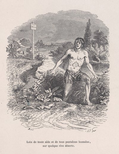 Bort fra all hjelp og uten bukser, på en øde kyst fra Little Miseries of H..., 1843. av Jean Ignace Isidore Gérard