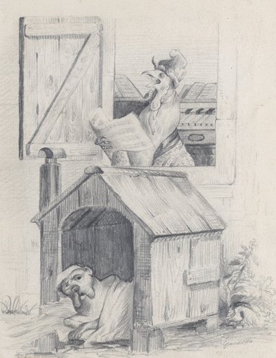 Hund i hundehuset, hanen synger ved vinduet, ca. 1842. av Jean Ignace Isidore Gérard