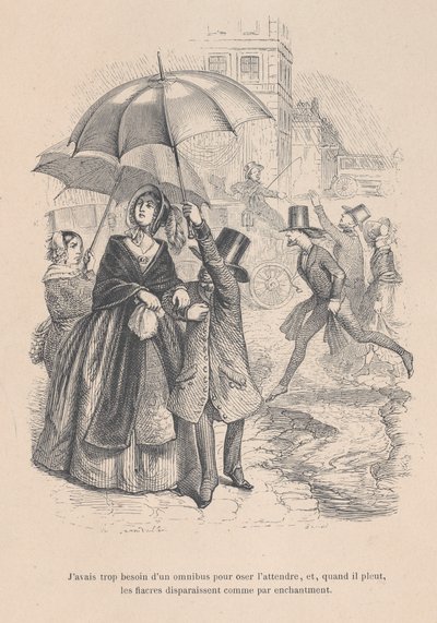 Jeg hadde for mye behov for en omnibus, men så snart det begynner å regne, ser det ut til at de alle har d..., 1843. av Jean Ignace Isidore Gérard
