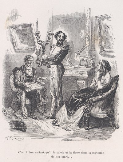 Det er bra at han lokker og smigrer henne foran mannen hennes. fra den lille miseri..., 1843. av Jean Ignace Isidore Gérard