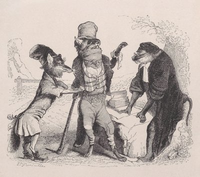 Ulven trygler mot reven, foran apen, ca. 1838. av Jean Ignace Isidore Gérard