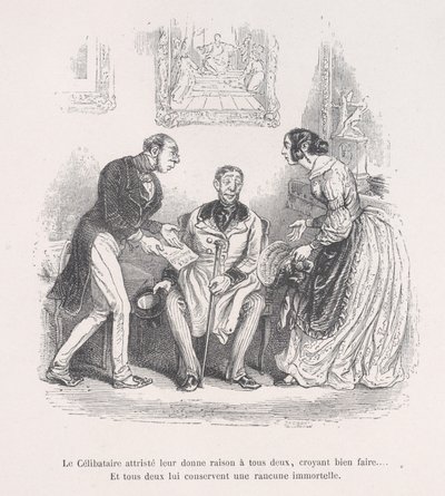 Den sørgende enken gir dem begge rett til å gjøre det godt... Og de beholder begge en evighet..., 1843. av Jean Ignace Isidore Gérard