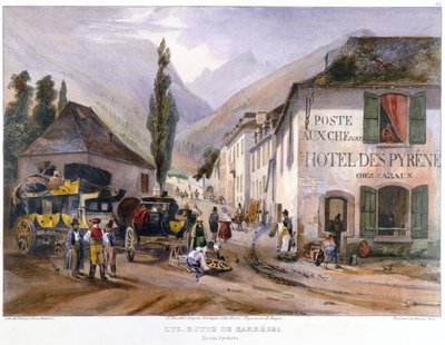 Ankomst og reparasjon av en diligens ved Luz på veien til Barreges, ca. 1840 av Jean Jacottet