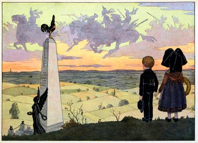 Landsbyen min, de som ikke glemmer: Slagmarken (Geisbergmonumentet med de to Spinnerbarna som poserer for Hansi); av Jean Jacques (1873 1951) Waltz