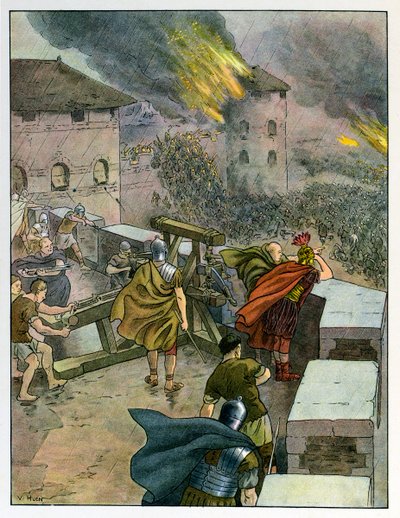 Die Geschichte des Elsass erzählt den Kindern: Ende der römischen Herrschaft, die Römer verteidigen Städte gegen fränkische Eindringlinge von Jean-Jacques (1873-1951) Waltz