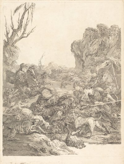 En bjørnejakt av Jean Jacques Flipart after Carle Van Loo