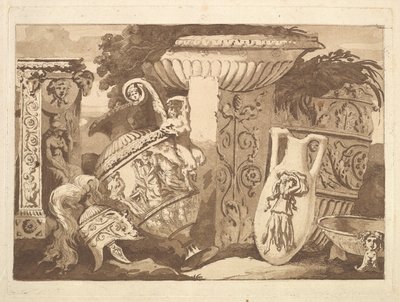 Komposisjon med de antikke fragmentene og en skjev vase, fra Recueil de Compositions..., 1782-84. av Jean Jacques Lagrenee