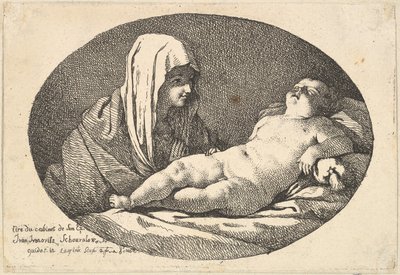 Jomfruen til venstre ser på spedbarnet Kristus mens han sover, en oval komposisjon, etter ..., 1760-63. av Jean Jacques Lagrenee
