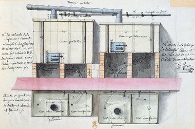 Design for system for oppvarming av vann på Hotel de Montholon i Paris, ca. 1787 (wc på papir) av Jean Jacques Lequeu