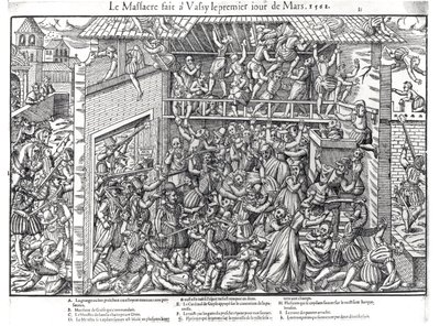 Massakren av den protestantiske befolkningen av troppene til Duc de Guise i Wassy-sur-Blaise, 1. mars 1562, gravert av Jacques Tortorel (1568-92) av Jean Jacques Perrissin