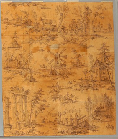 Tegneserie for bomullstrykk: "The Tomb of Jean-Jacques Rousseau at Ermenonville." av Jean Jacques Rousseau