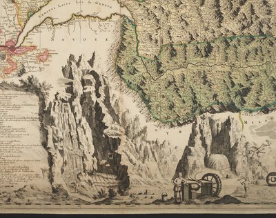 Et nytt kart over Sveits med de mest kjente og mektigste kantonene og offentlige anliggender av den reformerte religionen Tigurina, Bern, Glarus, Basel, Scafusiana, Abbed Cellana, detalj, ca. 1712 (håndfarget trykk) av Jean Jacques Scheuchzer