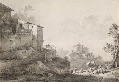 Et solbelyst landskap med bakketopphus av Jean Jacques de Boissieu
