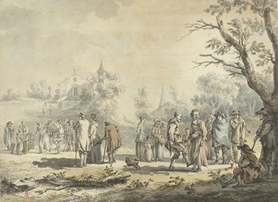Dansende bønder og tilskuere i en landsby La Fete du village (tittel på objekt) av Jean Jacques de Boissieu