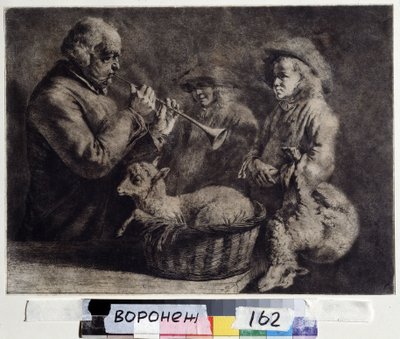 ""Oboisten"" (oboist) En musiker som spiller obo foran to gjetere. Tresnitt av Jean Jacques de Boissieu (1736-1810) 1772 Ivan Kramskoy (eller Kramskoi) kunstmuseum i Voronezh (Voronezh), Russland. av Jean Jacques de Boissieu