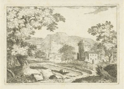 Elvelandskap med hus og tårn av Jean Joseph Hanson