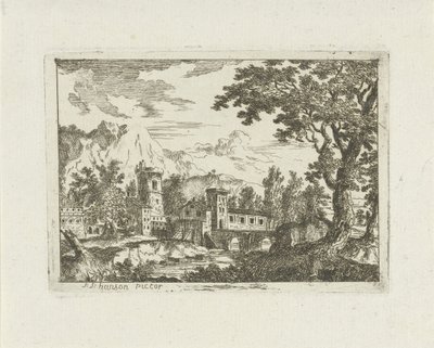 Steinbygninger ved en elv av Jean Joseph Hanson