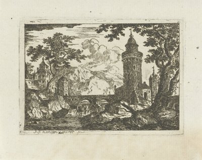 Tårn og steinbro i et fjellandskap av Jean Joseph Hanson