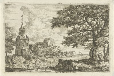 Fiskere ved en kirke på en kyst av Jean Joseph Hanson