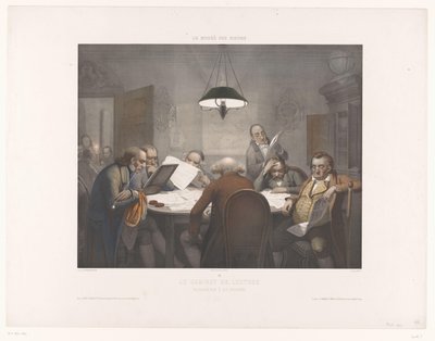 Leseskap med lesemenn ved et rundt bord Le cabinet de lecture / Leseklubben / Das Lesecabinet (tittel på objekt) Museum of the Laughers (serietittel) Le musée des rieurs (serietittel på objekt) av Jean Julien Jacott