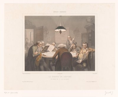 Syv menn leser ved et bord Le cabinet de lecture / Leseklubben / Das lesecabinet (tittel på objekt) Skildringer av spesielle aktiviteter (serietittel) Musée omnibus (serietittel på objekt) av Jean Julien Jacott