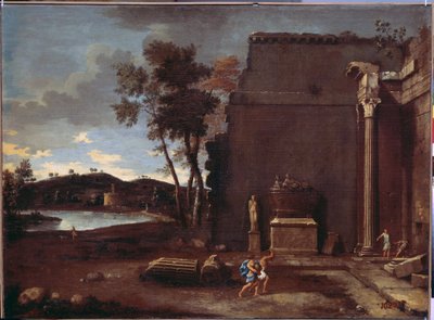 Landskap med en sarkofag. Maleri av Jean Le Maire (1597-1659). Fransk kunst, olje på lerret. Eremitasjemuseet, St. Petersburg av Jean Lemaire