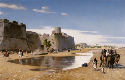En arabisk karavane utenfor en befestet by, ca. 1895 av Jean Leon Gerome