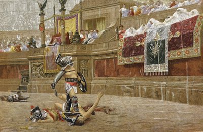 Gladiatorer i den romerske arenaen: tilskuere gir «tommelen ned» og signaliserer at vinneren ikke skal skåne motstanderen. Kromolitografi etter maleriet av JL Gerome. av Jean Leon Gerome